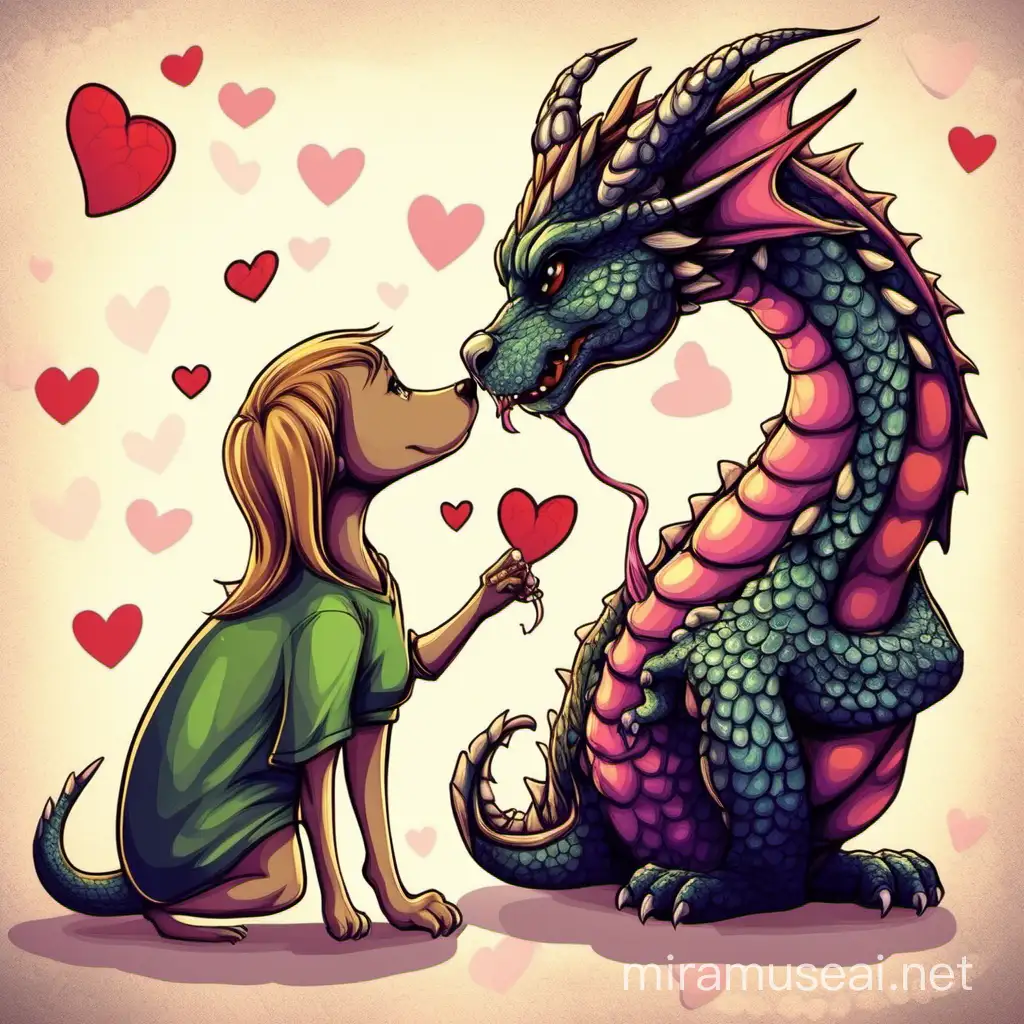Dragon and Dog Sharing Loving Kisses