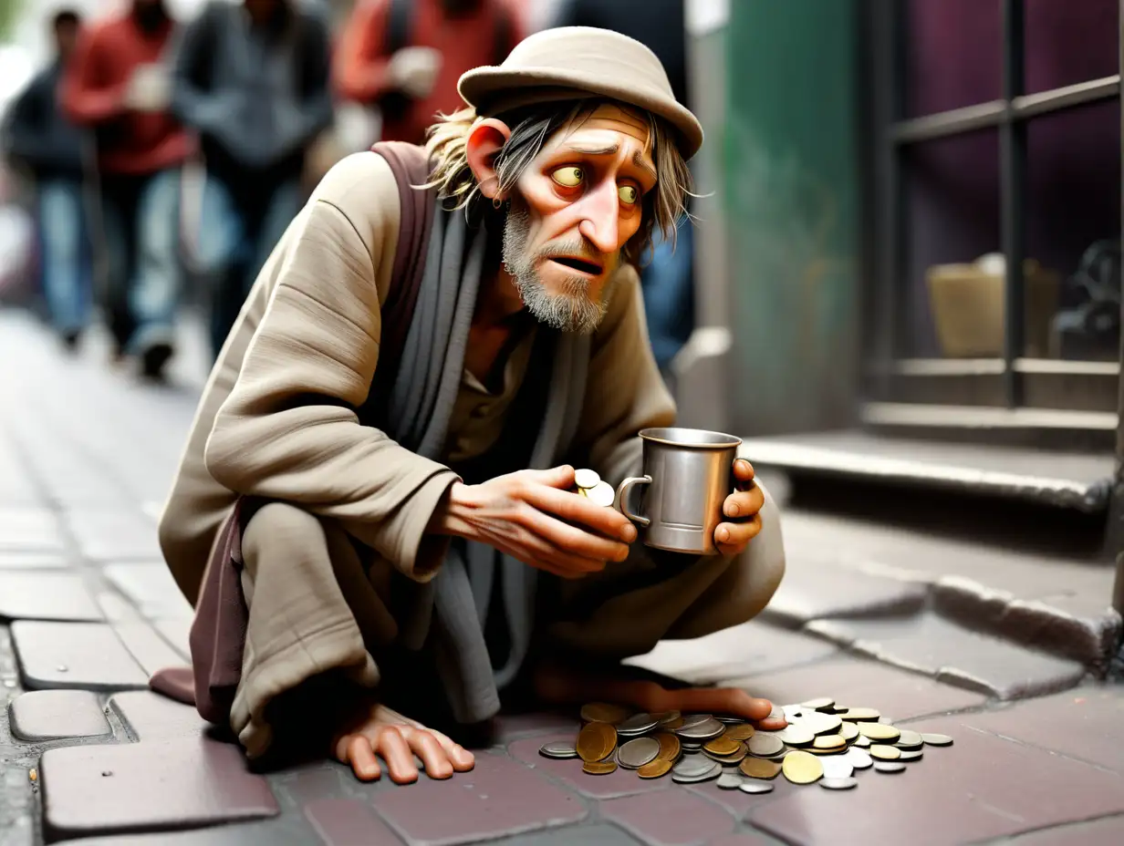 A beggar in the street asking for coins in his cup.

