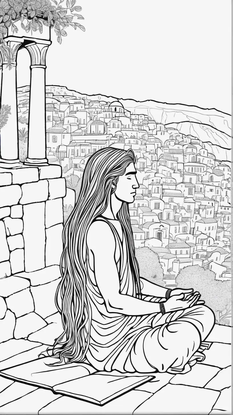 image coloring book, someone with long hair meditating  in Greece