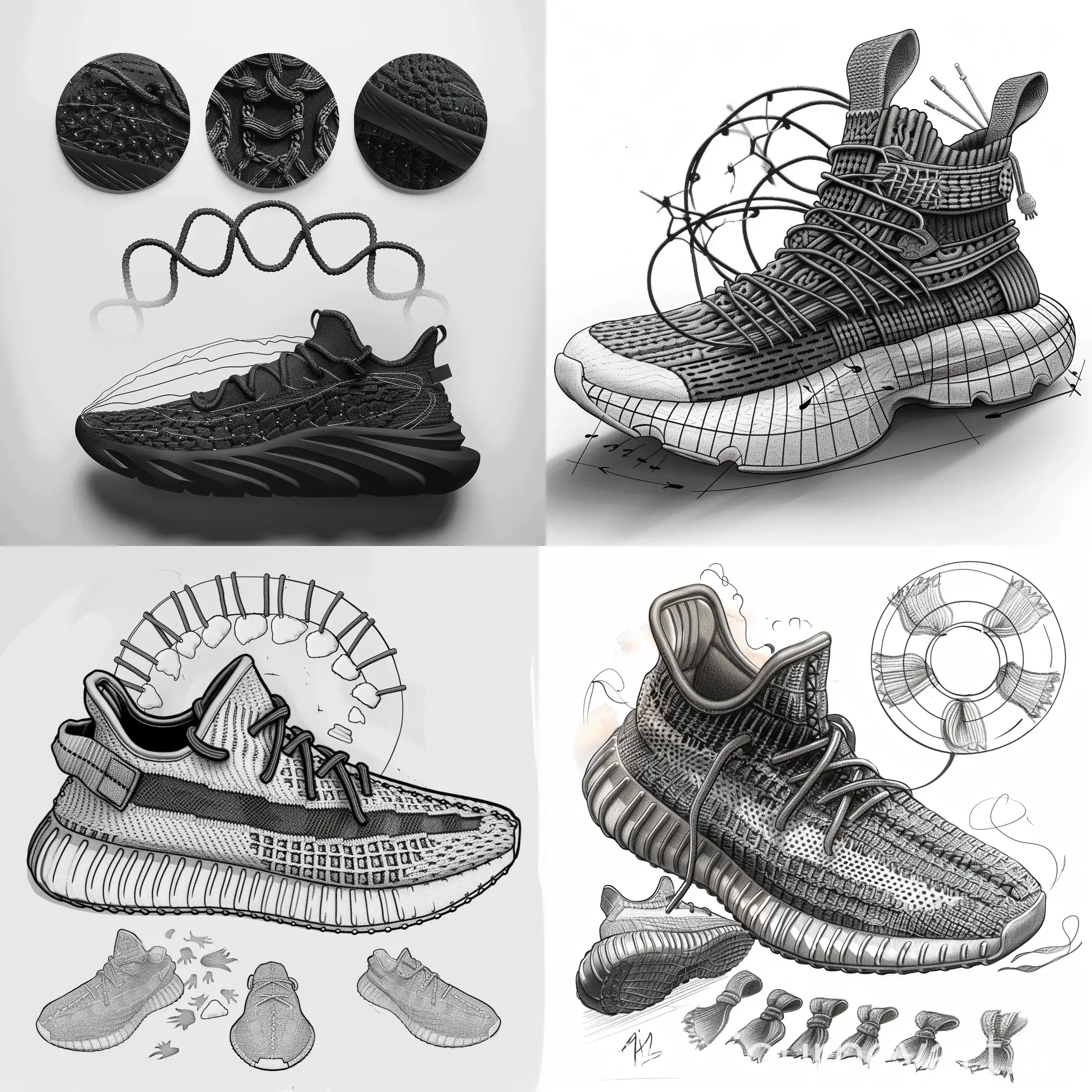 Sneakers design , inspiration by knitted fabrics , some knitted lines on it , rubber midsole , draw something knitted on midsole , chunky , trendy , color black , knitted laces , circle of 5 laces on the top of sneakers 