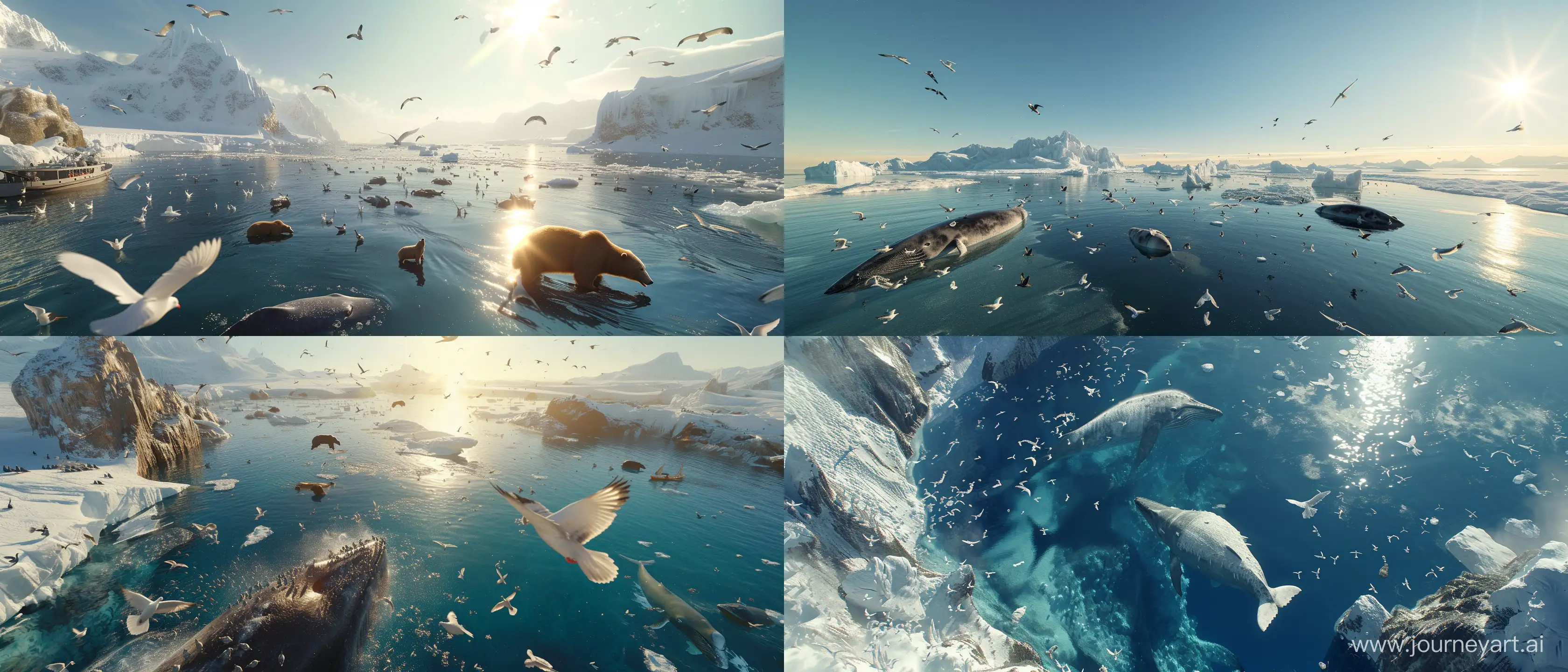 an aerial view of "Antarctica with pigeons, whales and bears"; sunny day; using all the graphic, lighting, design and scenery techniques of the most hyper-realistic and current animations of the last generation; Ray tracing at an absurd and exaggerated level; 32k; advanced mirroring techniques; better CGI; advanced lighting techniques; cinematic style; all parts of the image must be at the highest possible quality, 32k; --ar 21:9 --v 6.0