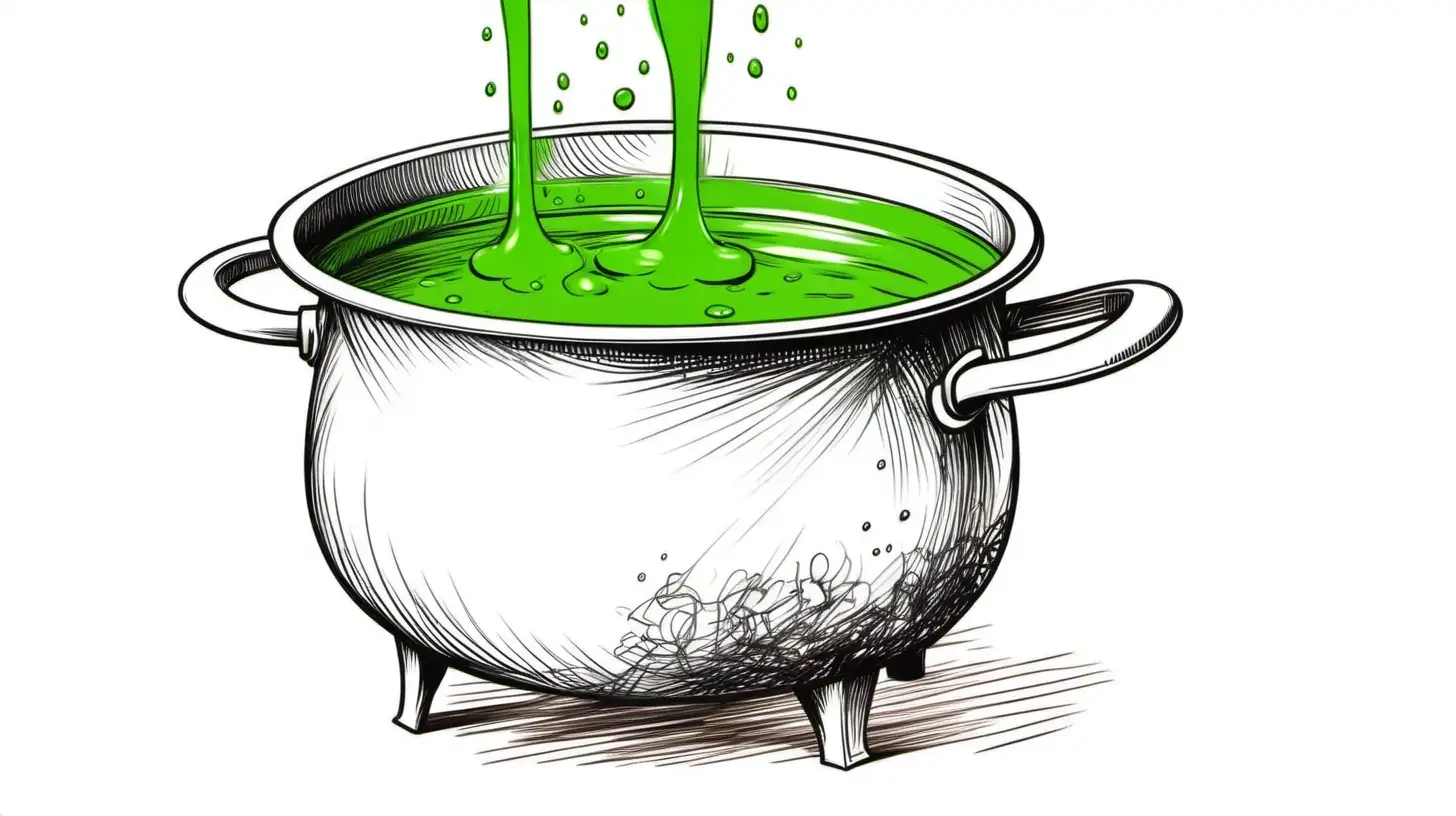 Sketch illustration of a boiling pot with green liquid. on a white background