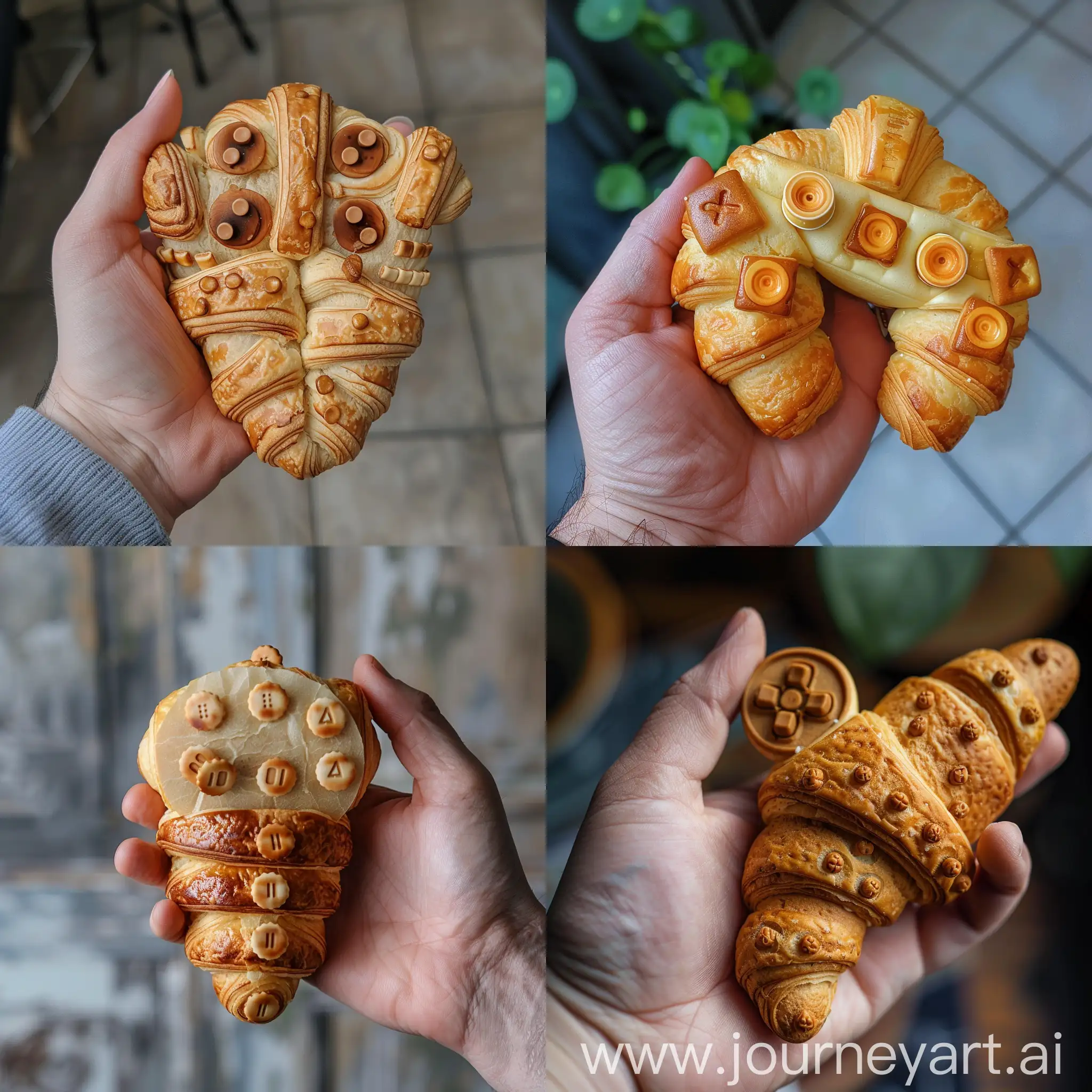 Hand-Holding-Gaming-Joystick-Croissant-Creative-Bakery-Art