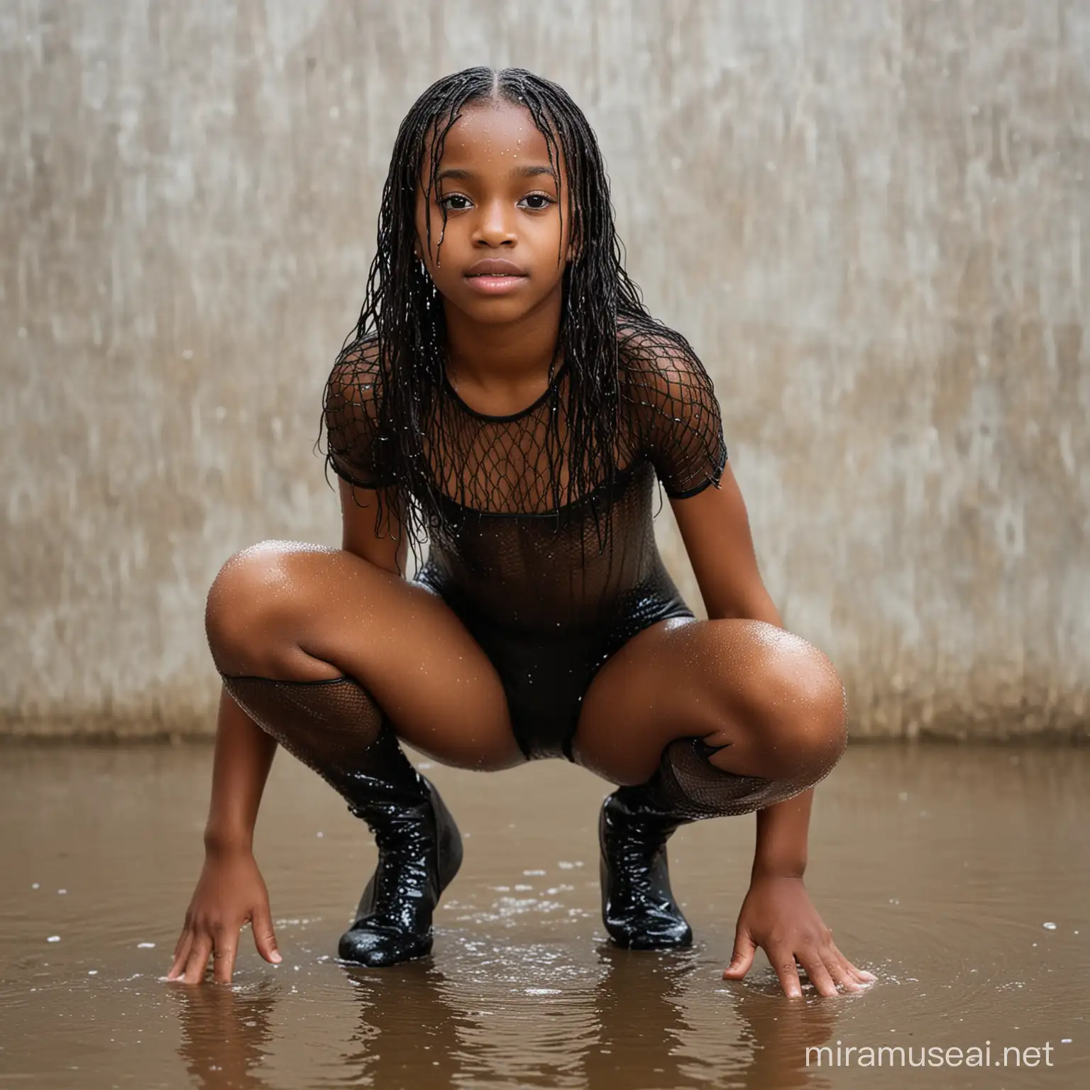 in rain, long wet hair, wet skin, neutral face expression, African American 10-year-old girl in fishnet leotard, posing, leaning back, squatting, legs apart, view full body