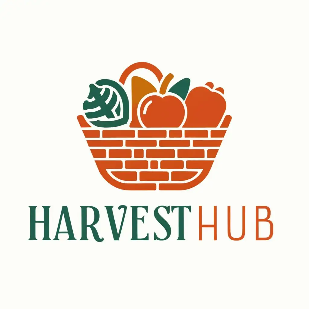logo, basket, with the text "harvest hub", typography