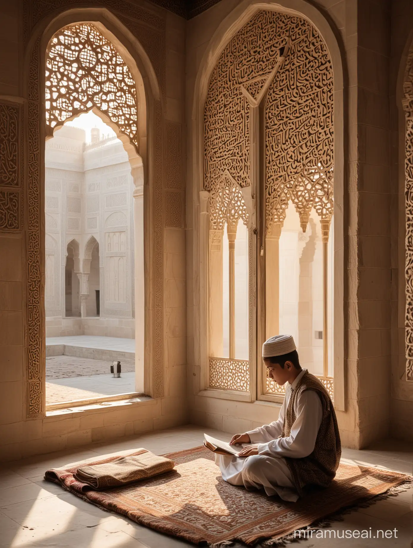 A muslim boy reading quran in ramadan,in 12th century era,in a mosque which is finely architectured,he is sitting behind a large window where light coming from the holes of the window,he is wearing traditional muslim cloth,the time is early morning, 