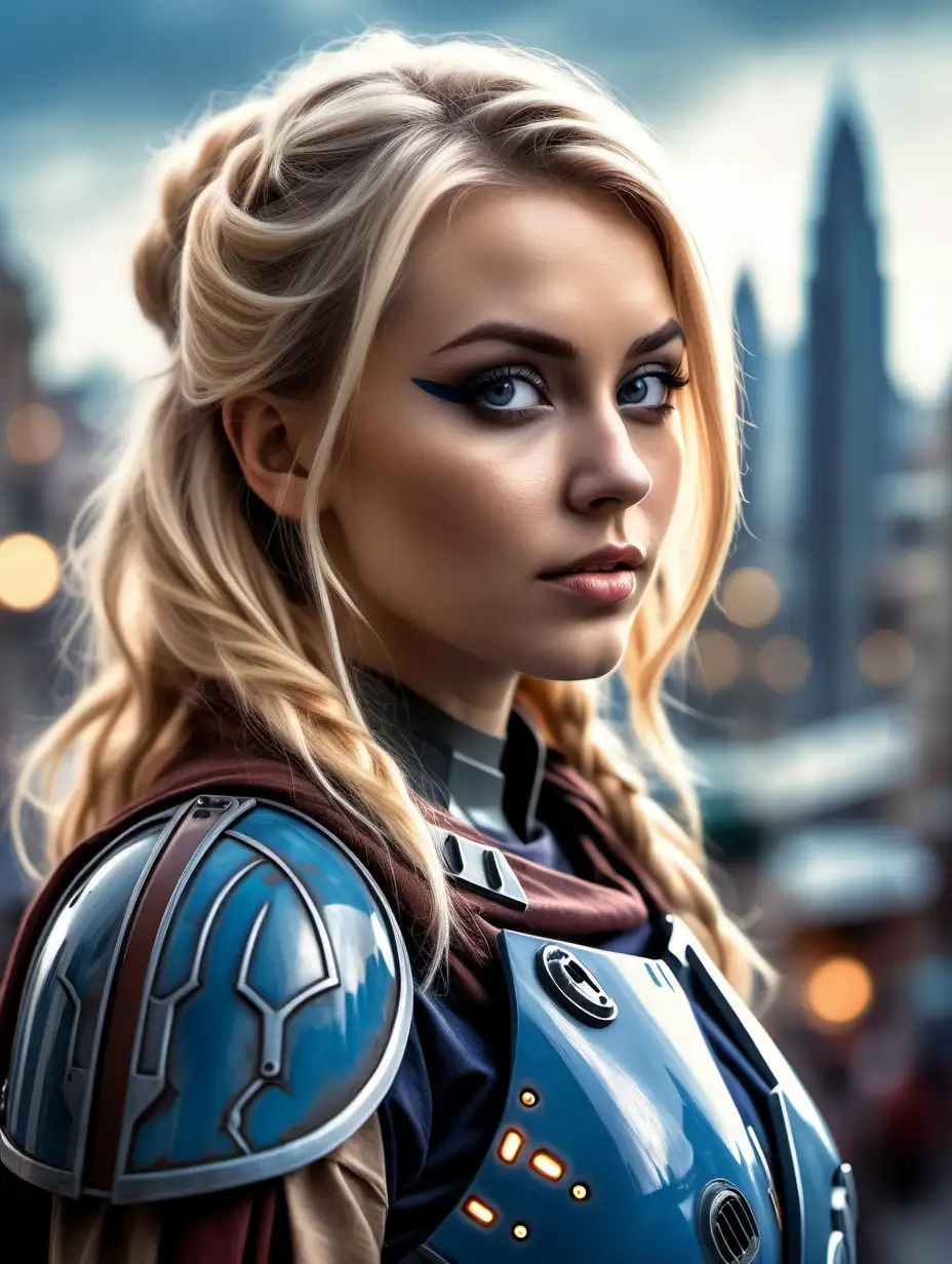 Beautiful Nordic woman, very attractive face, detailed eyes, big breasts, slim body, messy blonde hair, wearing a Bo Katan mandalorian cosplay outfit, close up, bokeh background, soft light on face, rim lighting, facing away from camera, looking back over her shoulder, standing in front of a city on Naboo, Illustration, very high detail, extra wide photo, full body photo, aerial photo