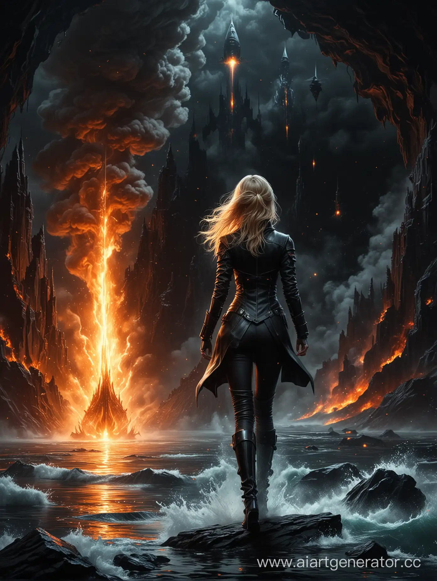 blonde girl, fire wizard, on a black background in flames человека в черном прикиде (антагониста) на краю бездной пропасти.
Он стоит неподвижно, смотря на космический корабль, который парит над водой