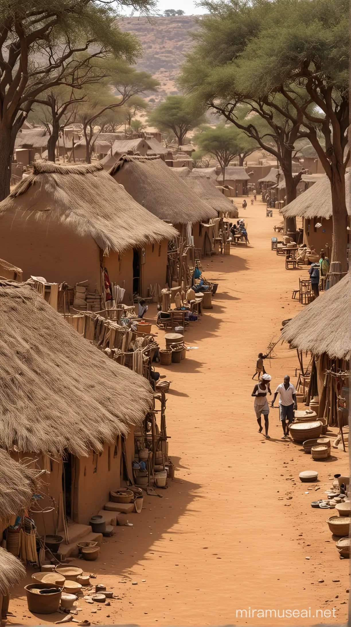 Traditional African Village Scene with Mud Huts and Tribal Life