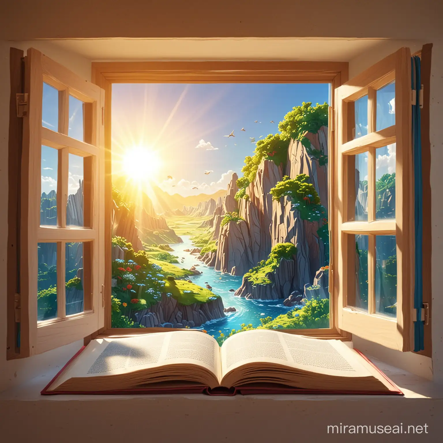 Sunlit Animated Cartoon Earth with Open Window