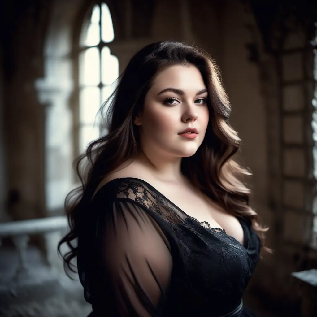 beautiful, sensual, classy elegant plus size model portrait with full brown hair, wearing black, slight smile, soft light from left,  long hair is flowing as in the wind, photoshoot inside a winter castle in France, inside the rooms in the castle, antique background