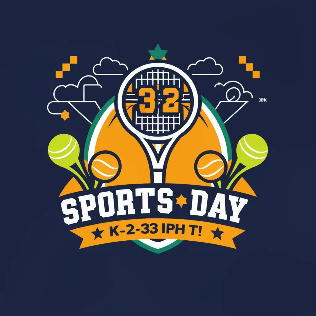 a logo design,with the text "K3-2 Sports Day", main symbol:The shirt features a vibrant design centered around a tennis theme. In the foreground, a tennis racket stands tall, flanked by two tennis balls, all depicted in bold, dynamic colors. Above them, a trophy emblem gleams proudly, symbolizing victory and achievement. Beneath the emblem, the text "K3-2 Sports Day 2024",Moderate,be used in Sports Fitness industry,clear background