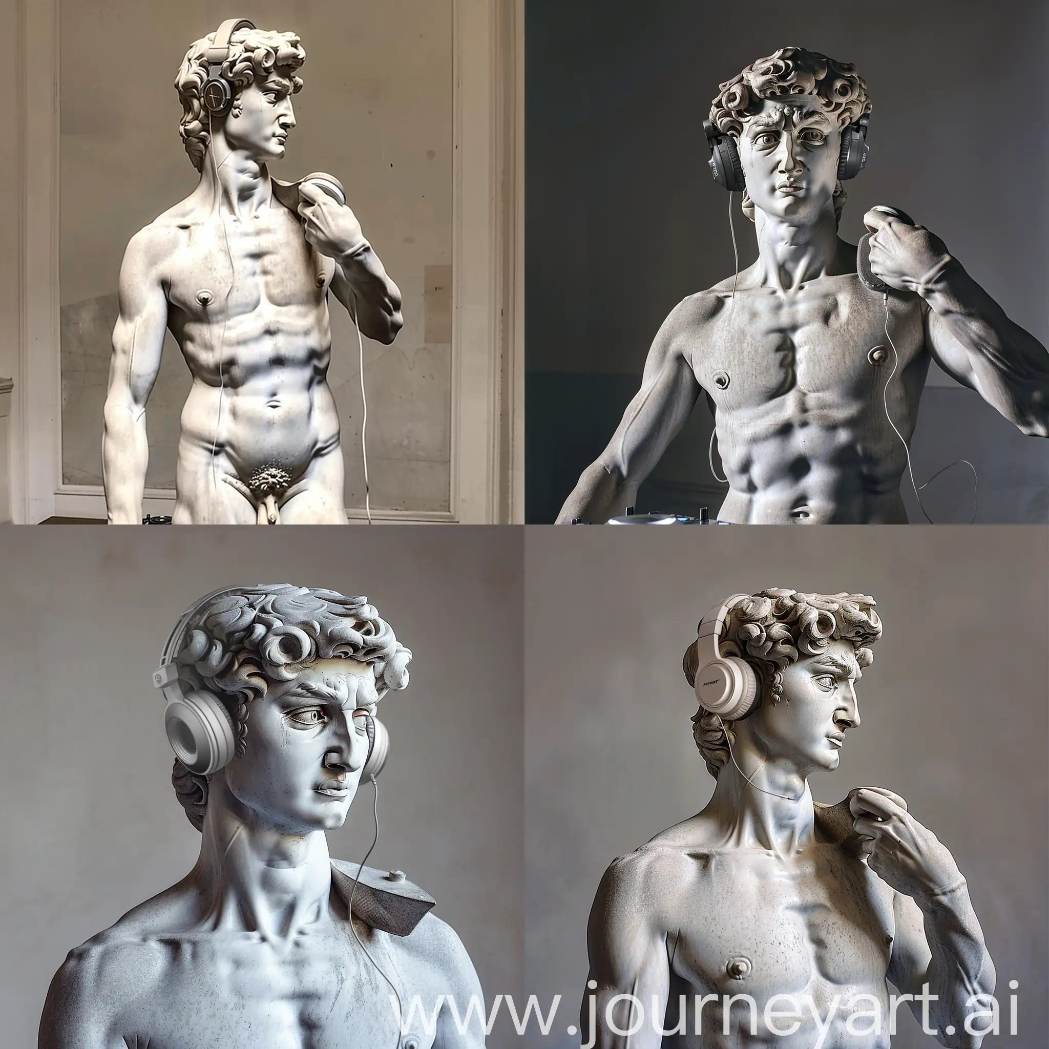 A photo of Michelangelo's sculpture of David wearing headphones djing