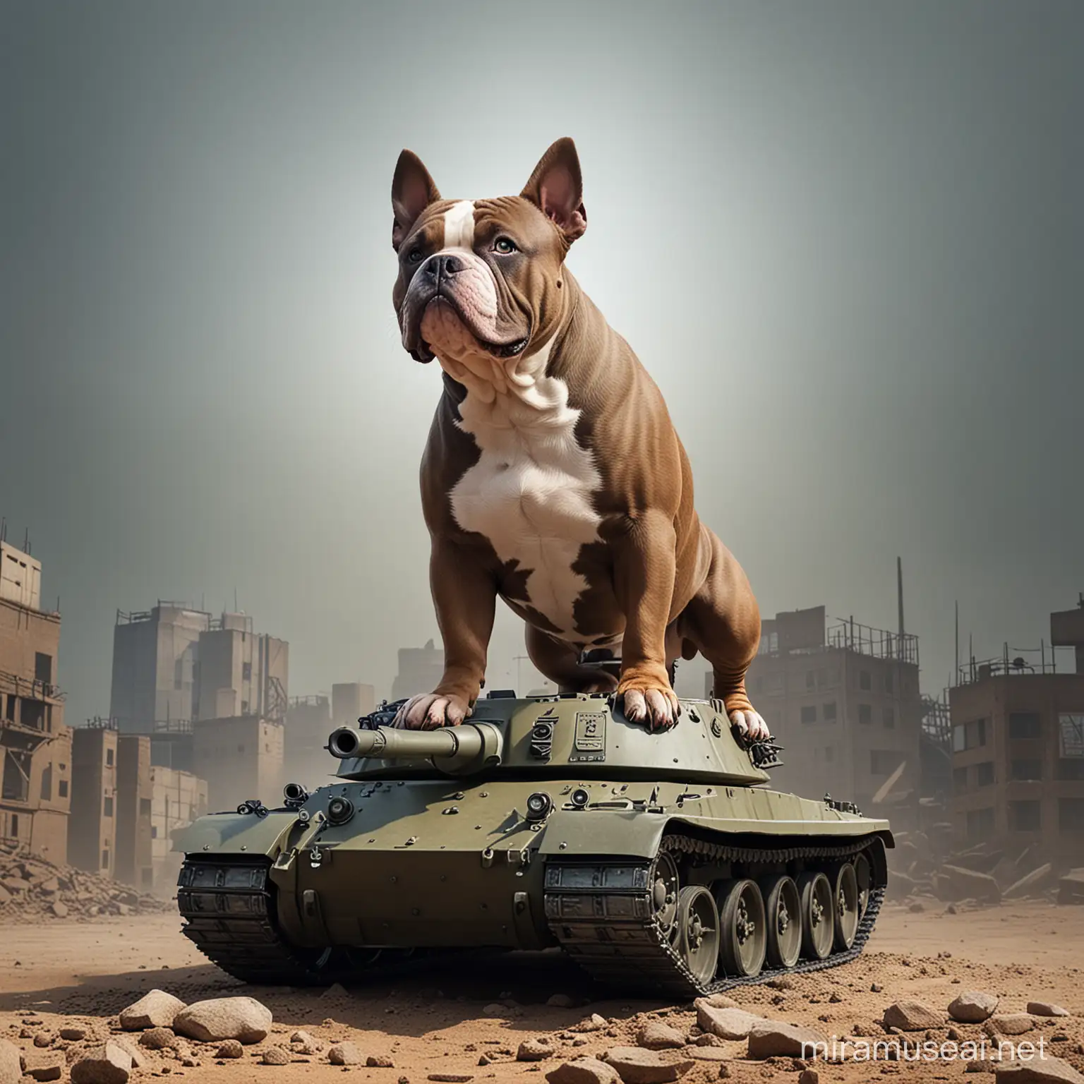 American Bully Dog Standing Proud on Military Tank