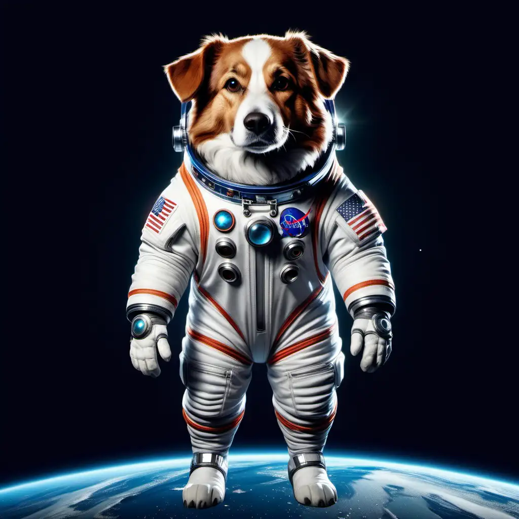 cosmo the space dog  wearing a space suit semi realistic full body shot