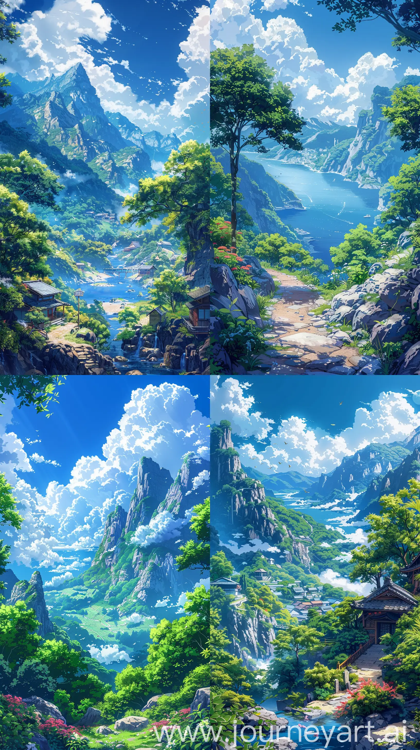 Beautiful anime scenary, mokoto shinkai style, a beautiful summer time, "verious nature scenaries ", nature tranquility, anime style different places with quite and calm view, beautiful sky, High quality, Day time, illustration ultra HD, high quality, sharp details, no blurry, no hyperrealistic --ar 9:16 --s 600