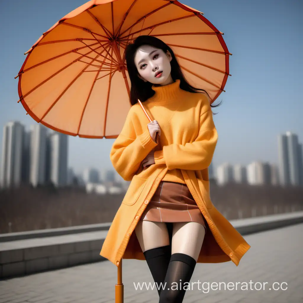 Stylish-Chinese-Woman-Lounging-Under-Parasol-in-Trendy-Outfit