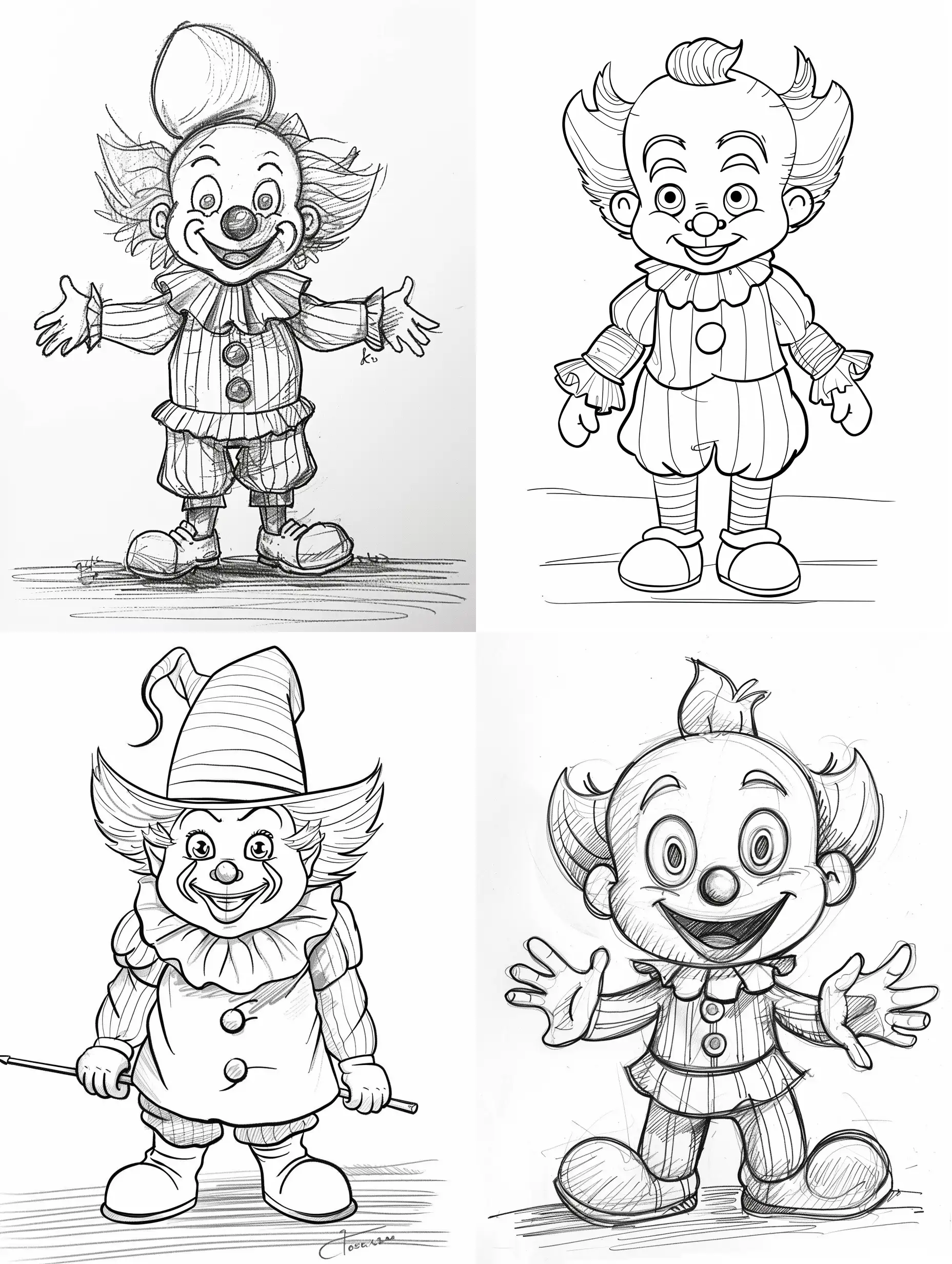 Dibuja un payaso que sea lindo  divrtido, feliz y sencillo para libro de colorear de niños pequeños, sin escalas de grises en una hoja blanca con fondo liso sin dibujos. El payaso debe ser de aspecto agradable y amigable.