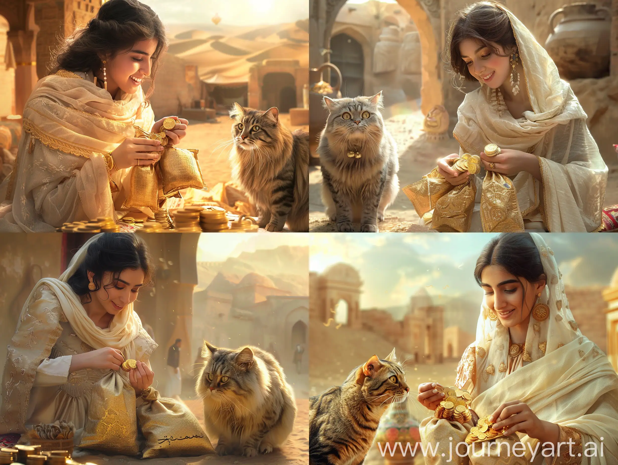 A beautiful young Persian woman in a traditional dress and a cream shawl opens the bags of gold coins and looks at them happily. She is in the bazaar of Arg Bam in the Persian Empire, and a giant Persian cat is standing next to her. in a desert, in an ancient civilization, cinematic, epic realism,8K, highly detailed, medium shot, upper body, glamour lighting, natural lighting, backlit