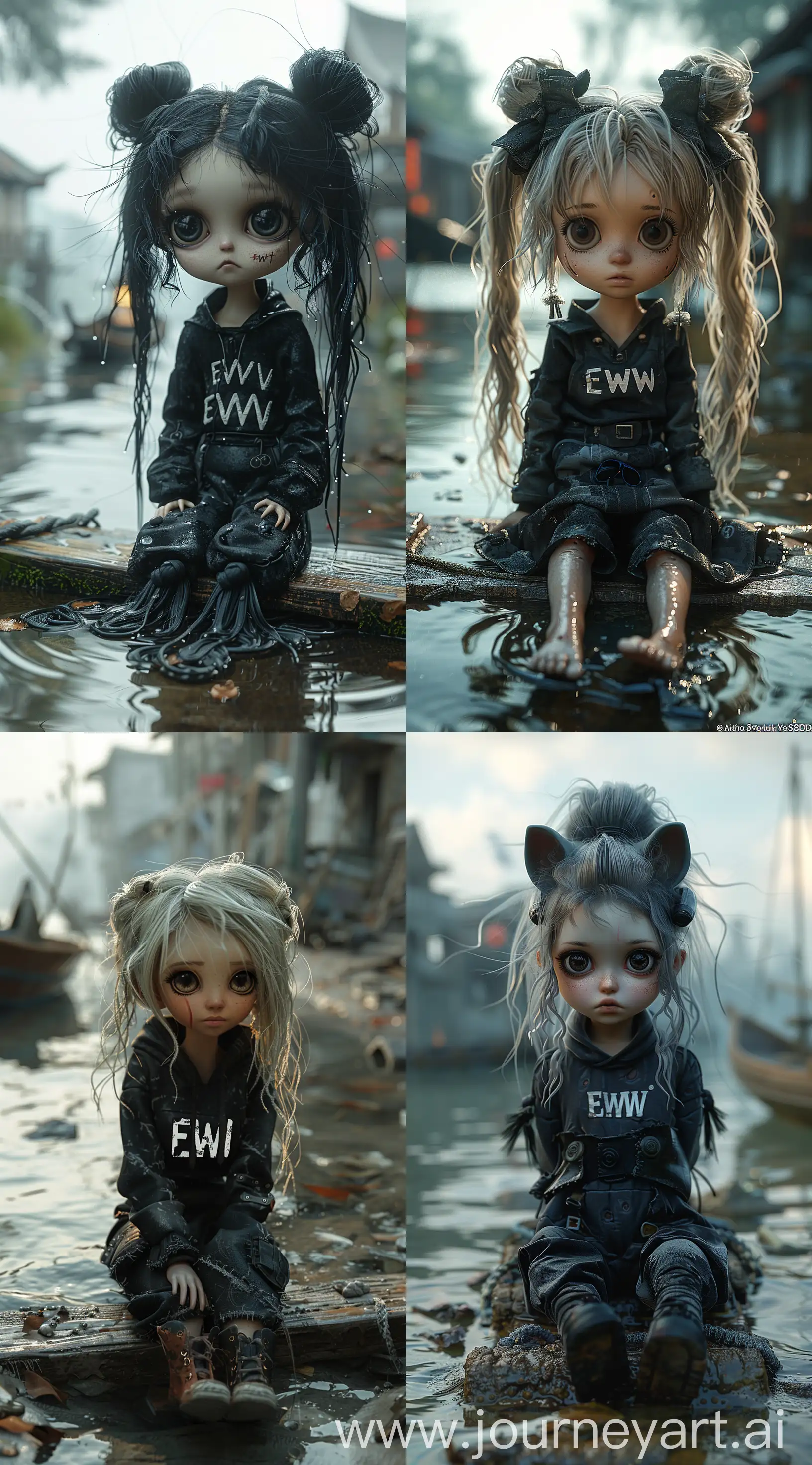 3d model of a small emo girl in black outfit with the inscription "EWW"  sitting on a footbrigde in the water, with flowing hair,  detailed big eyes, pale skin, a small boat in the background, detailed cinematic render, unreal engine art, akihiko yoshida. unreal engine, polycount contest winner, photorealistic dark concept art, 32k uhd --ar 71:128 --stylize 750