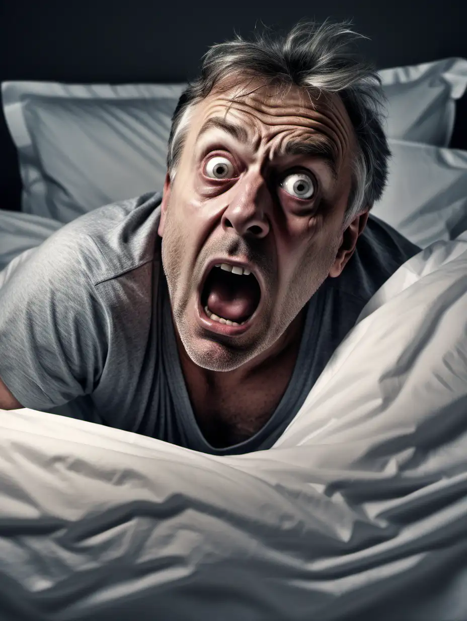 A hyper realistic photo of a middle aged man waking up out of his bed with a very shocked look on his face