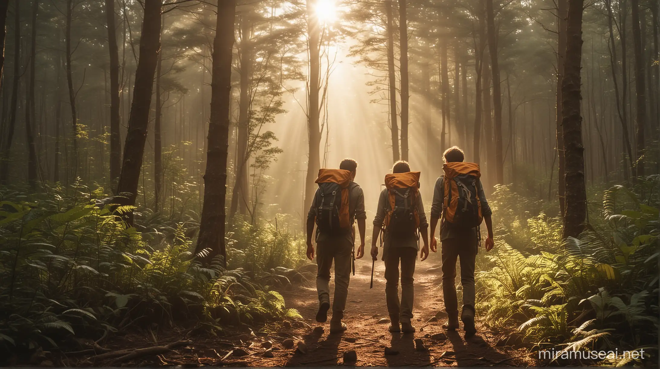 Excited Friends Embark on Adventure into Dense Forest