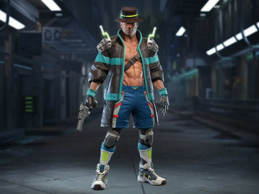 tall lithe athletic 40s serious male, post-apocalyptic cyberpunk agent, dark brown black facial hair, white midnightblue neongreen hi-tech baseball cap,  futuristic oversized loose aquamarine midnightblue white neongreen winter jacket and matching gloves, shoulder-mounted tech armor devices, midnightblue neongreen techwear shorts straps, white aquamarine neongreen midnightblue high-top sneaker boots, hi-tech gunmetal pistol, videogame render anime overwatch valorant edgerunners apex legends full character reference sheet