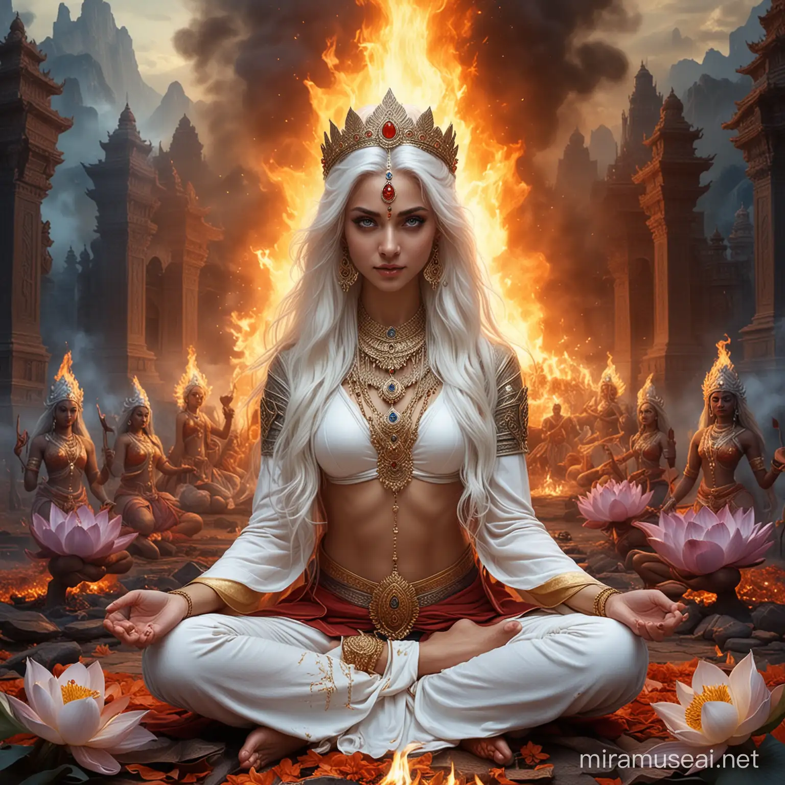 Divine Empress Kayashiel Amidst Fiery Hindu Deities