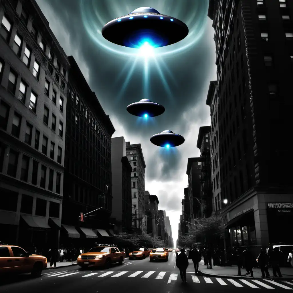 Three UFO orbs chasing humans in the streets of New York City, dark colors