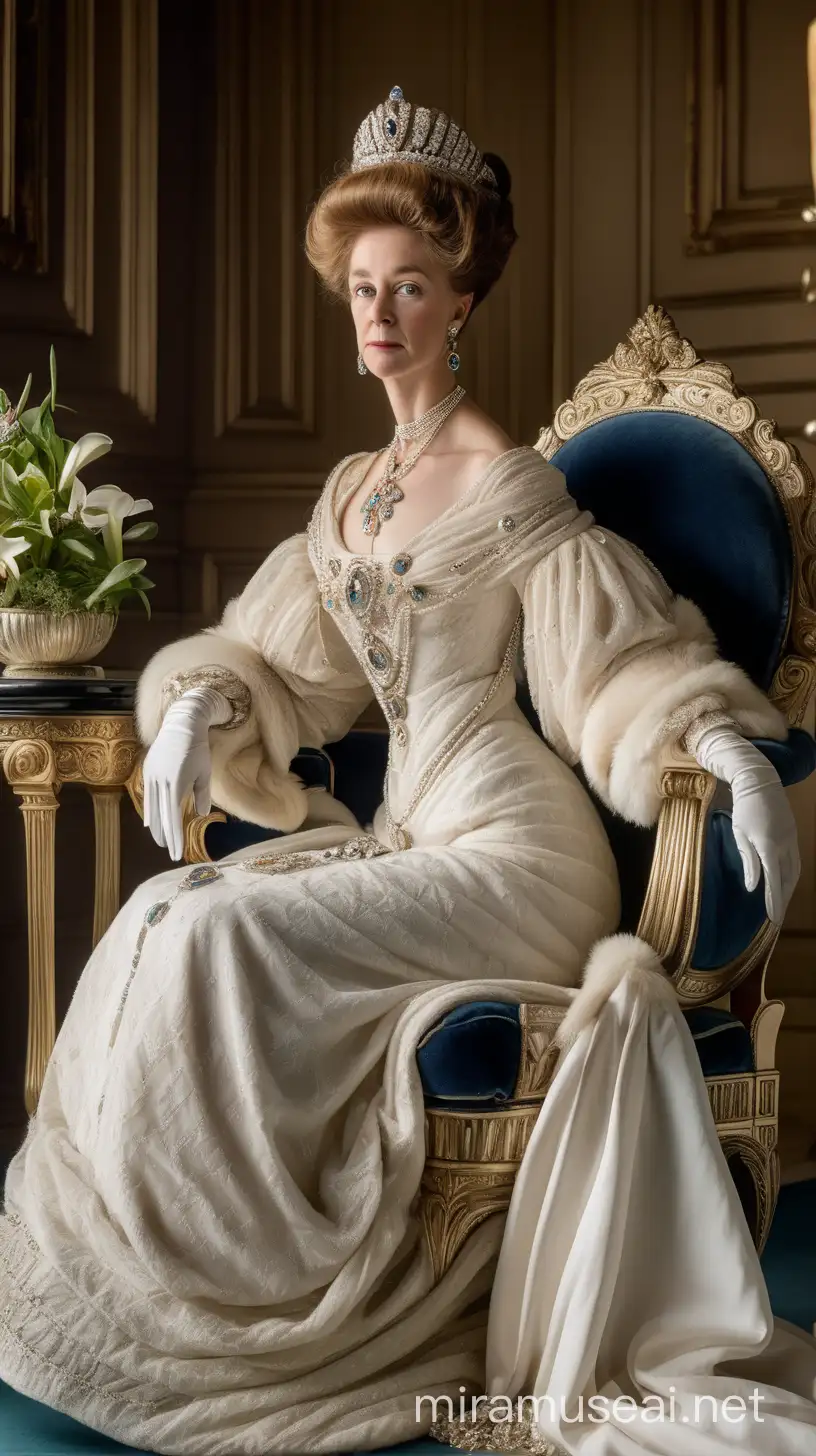 "Imagine an Edwardian-era empress, regally seated in her opulent parlour, adorned in a resplendent white gown befitting her station. Despite her late 40s, she radiates timeless grace and authority, commanding the room with her presence