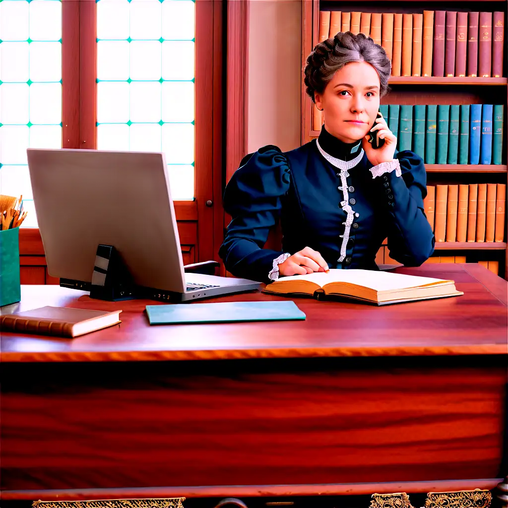 a genealogist in her office, white, historical victorian style