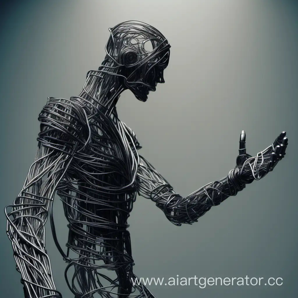 Инсталляция футуристичный металлический человек из проволки с цельным металлическим протезом стремиться вверх