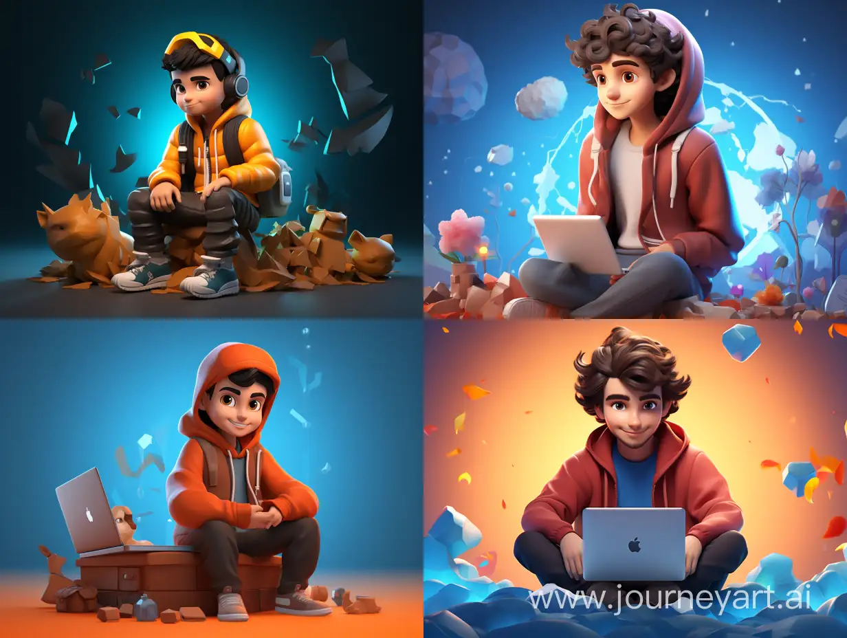 a 3D illustration of a #Boy animated character that looks like "Amin Beheshti" sitting casually on top of a social media logo "hashtag hashtag#linkedin". The character must wear casual modern clothing such as jeans jacket and sneakers shoes. The background of the image is a social media profile page with a user name "#AminBeheshti" and a profile picture that match, with a programming theme.