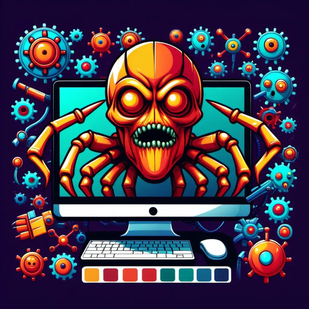 malware development, cartoon style, tech color palette