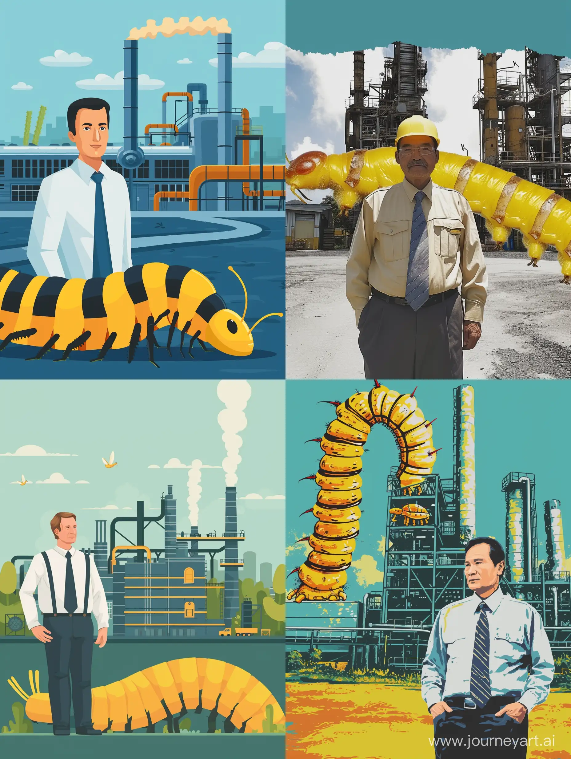 Please make a picture of a factory manager in front of his factory. The color theme of the picture is yellow caterpillar