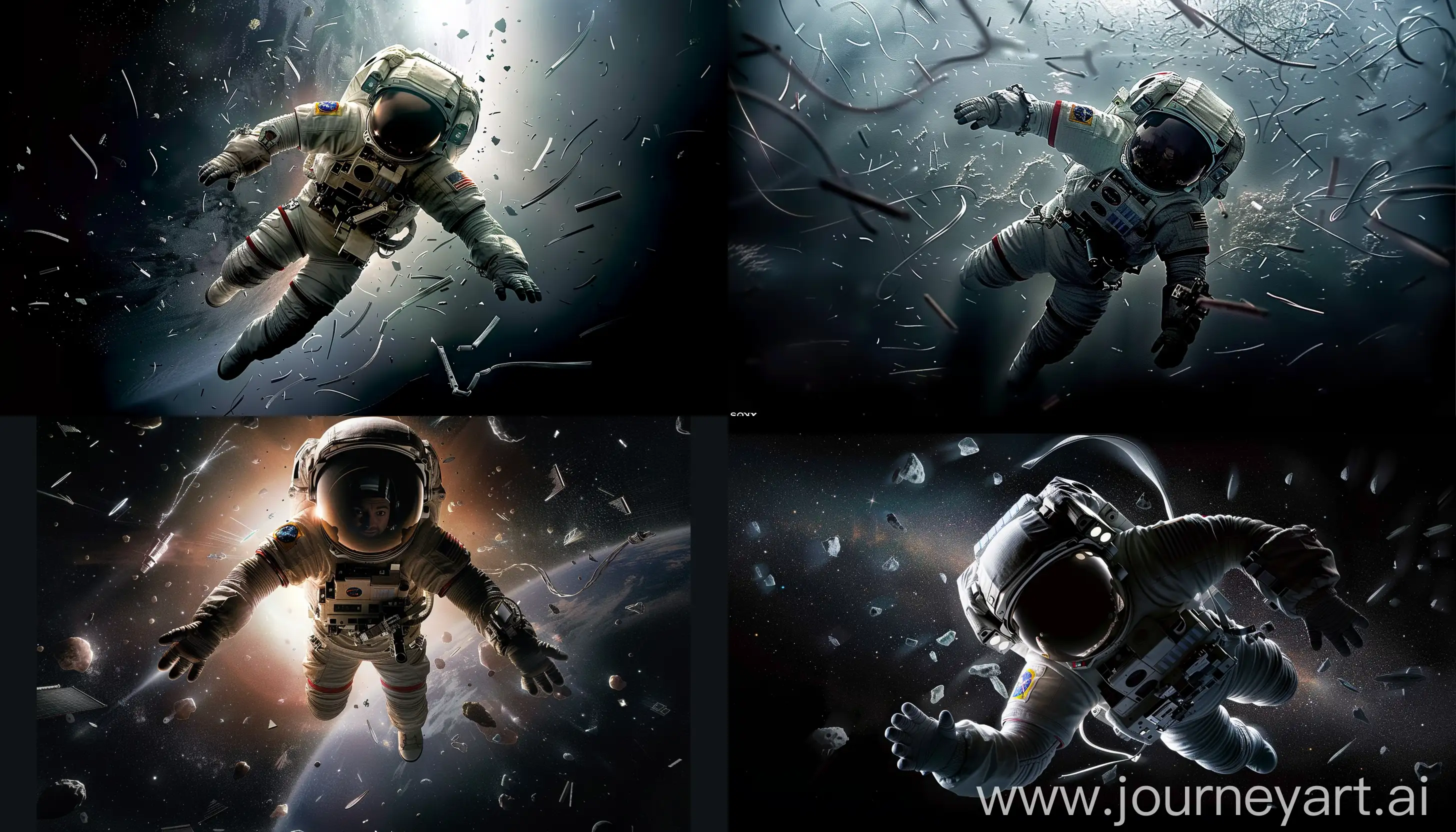 A cinematic scene of an astronaut adrift in space with debris from the spacecraft scattered everywhere, filmed with the Sony VENICE camera equipped with a stereoscopic 3D beam splitter system —sref https://p4.wallpaperbetter.com/wallpaper/554/1017/259/2013-gravity-movie-wallpaper-preview.jpg  --ar 7:4 --v 6 --style raw
