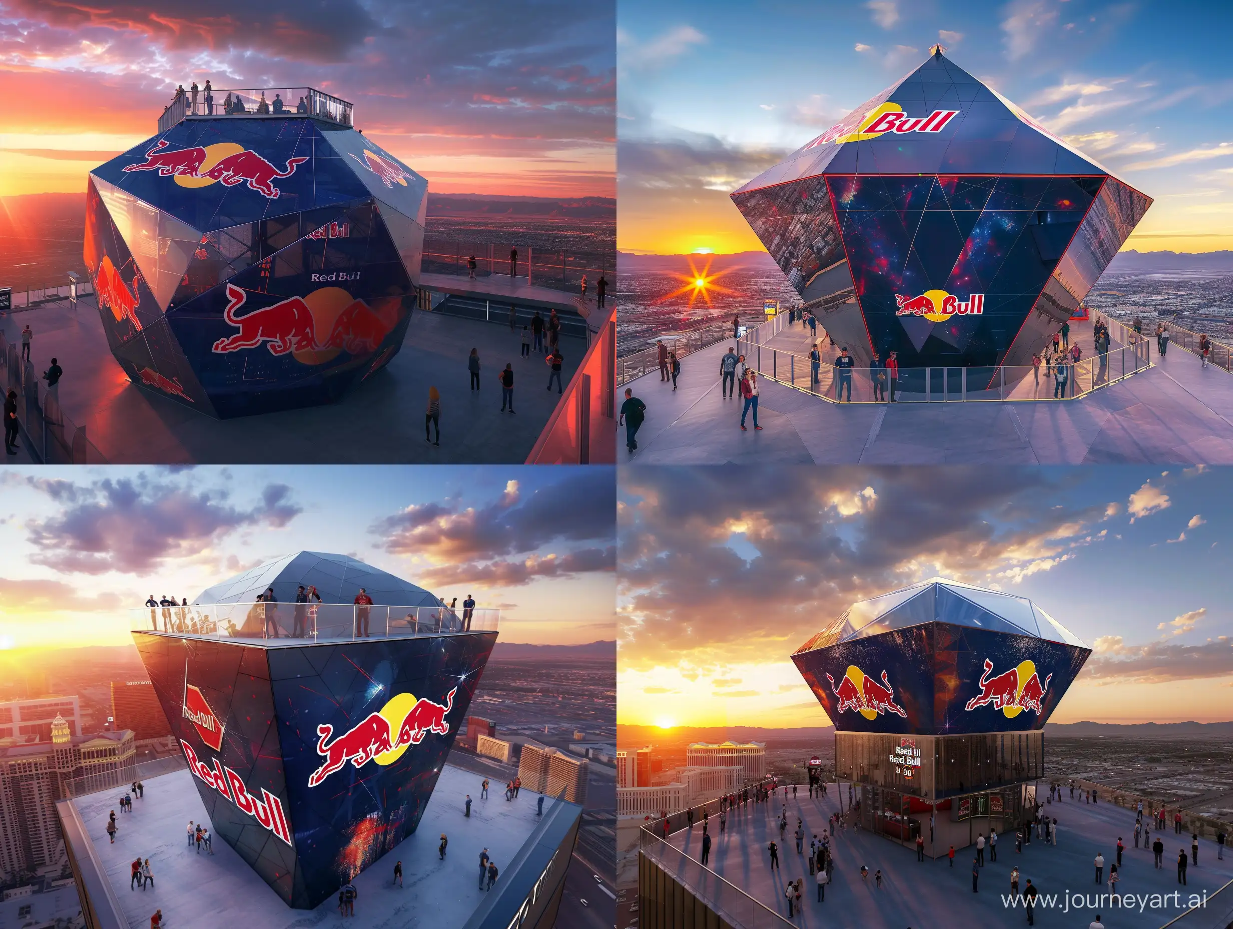 Red-Bull-Square-Building-with-Rhombus-Roof-at-Sunset