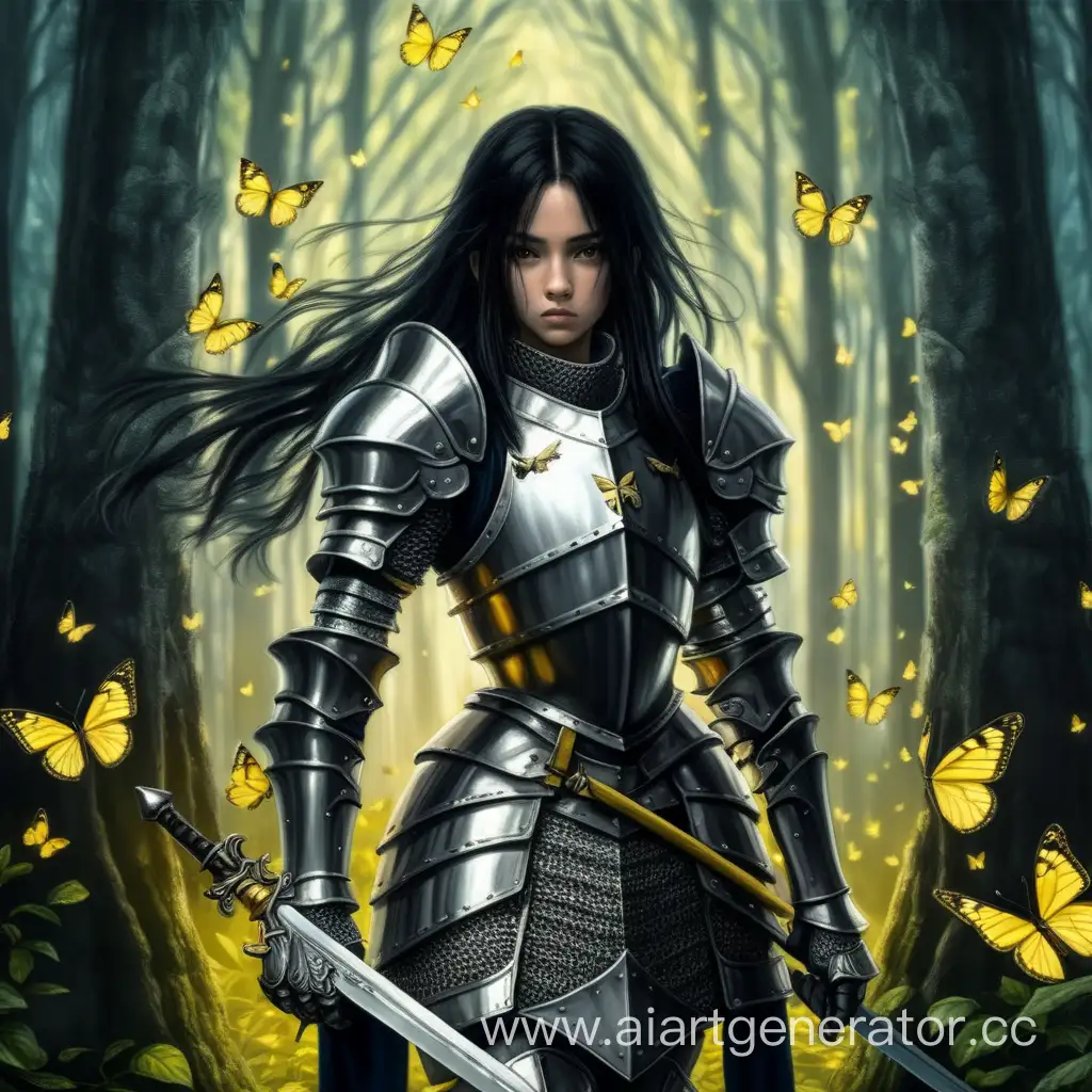 serious knight girl in armor and with a long sword, with loose black hair against the backdrop of a dark forest with lemon butterflies