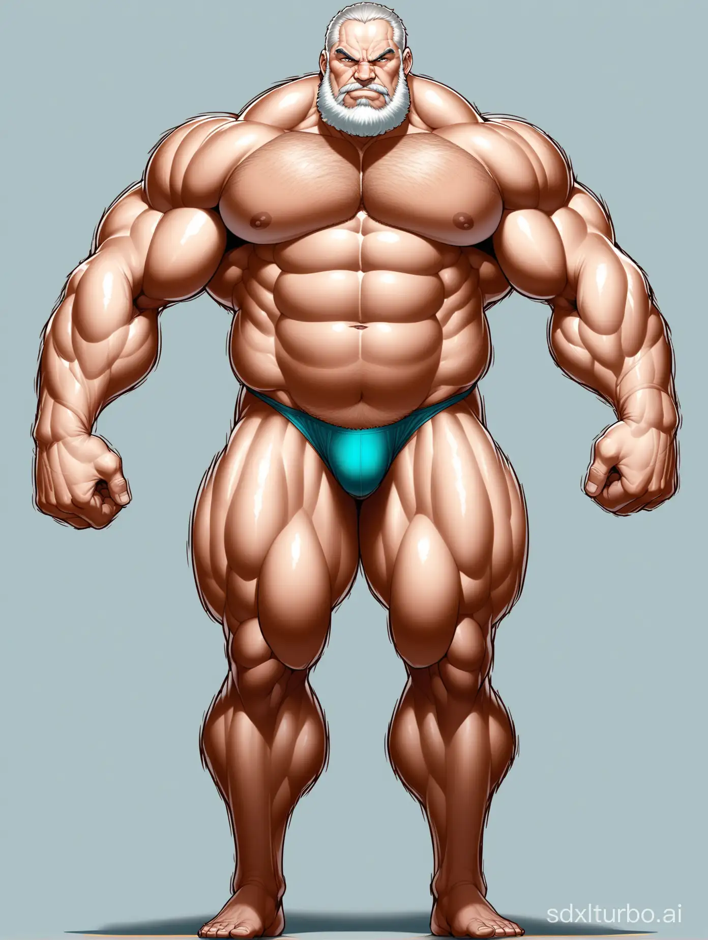 White skin and massive muscle stud, much bodyhair. Huge and giant and Strong body. Very Long and strong legs. 2m tall. very Big Chest. very Big biceps. 8-pack abs. Very Massive muscle Body. Wearing underwear. he is giant tall. very fat. very fat. very fat. Full Body diagram. very long strong legs.very long legs.very long legs. raise his arms to show his huge biceps. wearing white shoes. raise his arms to show his huge biceps.very old man.very old men.
