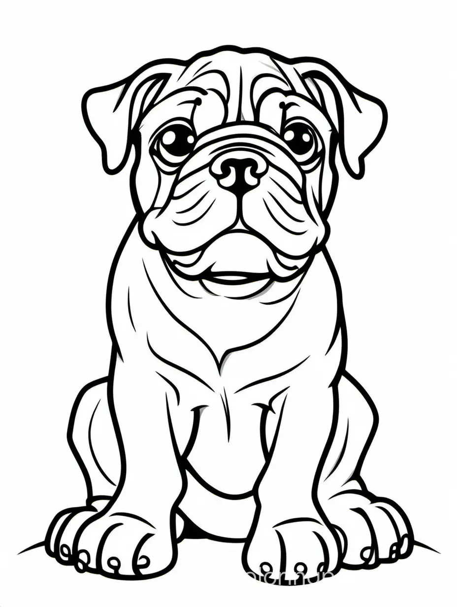 a sitting happy baby English bulldog, isolated on a solid white background, Coloring Page, black and white, line art, white background, Simplicity, Ample White Space. The background of the coloring page is plain white to make it easy for young children to color within the lines. The outlines of all the subjects are easy to distinguish, making it simple for kids to color without too much difficulty., Coloring Page, black and white, line art, white background, Simplicity, Ample White Space. The background of the coloring page is plain white to make it easy for young children to color within the lines. The outlines of all the subjects are easy to distinguish, making it simple for kids to color without too much difficulty