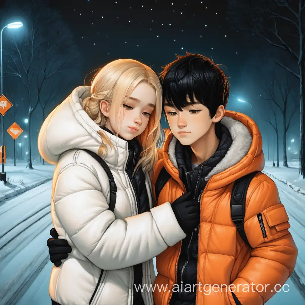 Девочка блондинка одетая в белую куртку обнимается с мальчиком в оранжевой куртке и с чёрными волосами, они стоят на дороге ночью зимой