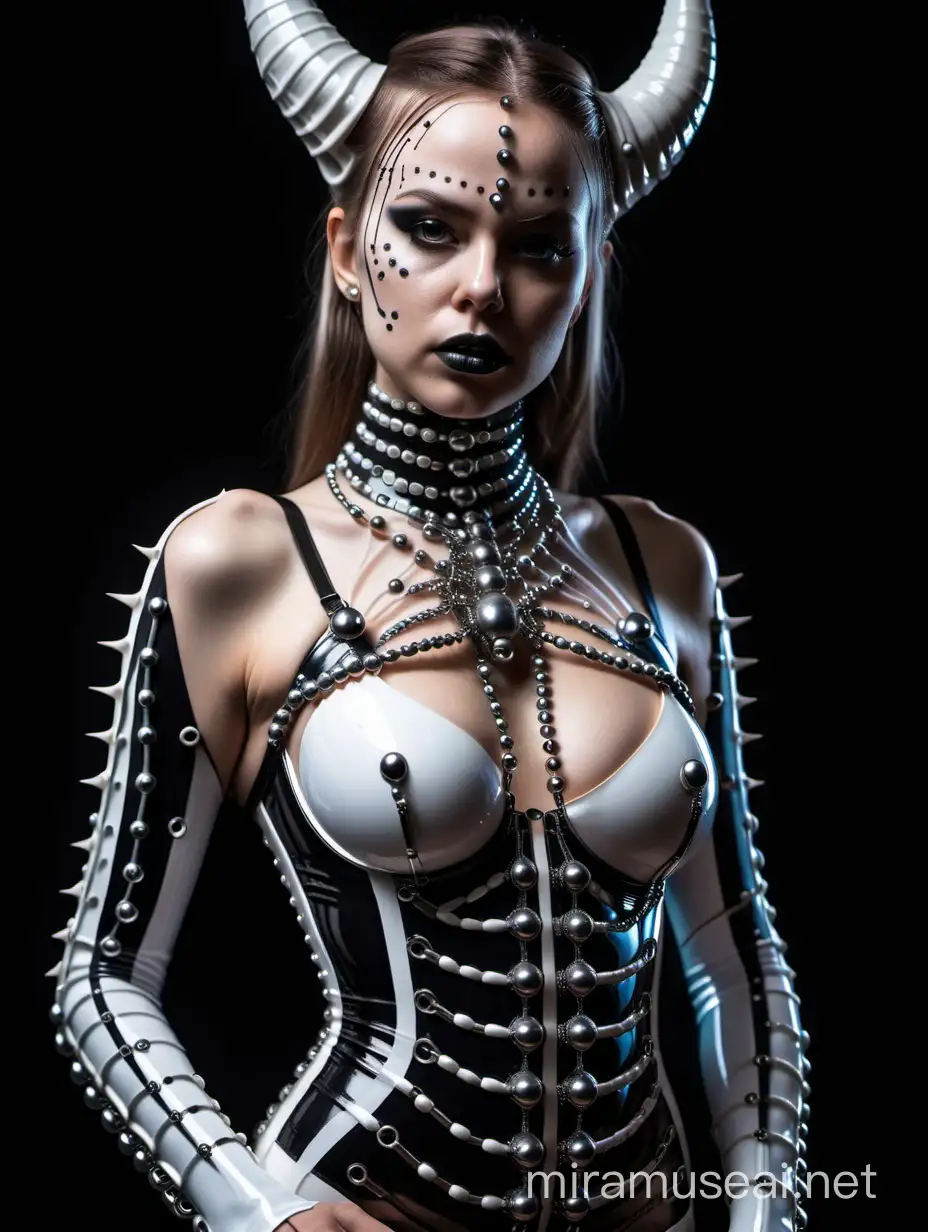 Hr Giger style bondage devil girl with metal skin and beads on body and white latex styled like a Giger drawing