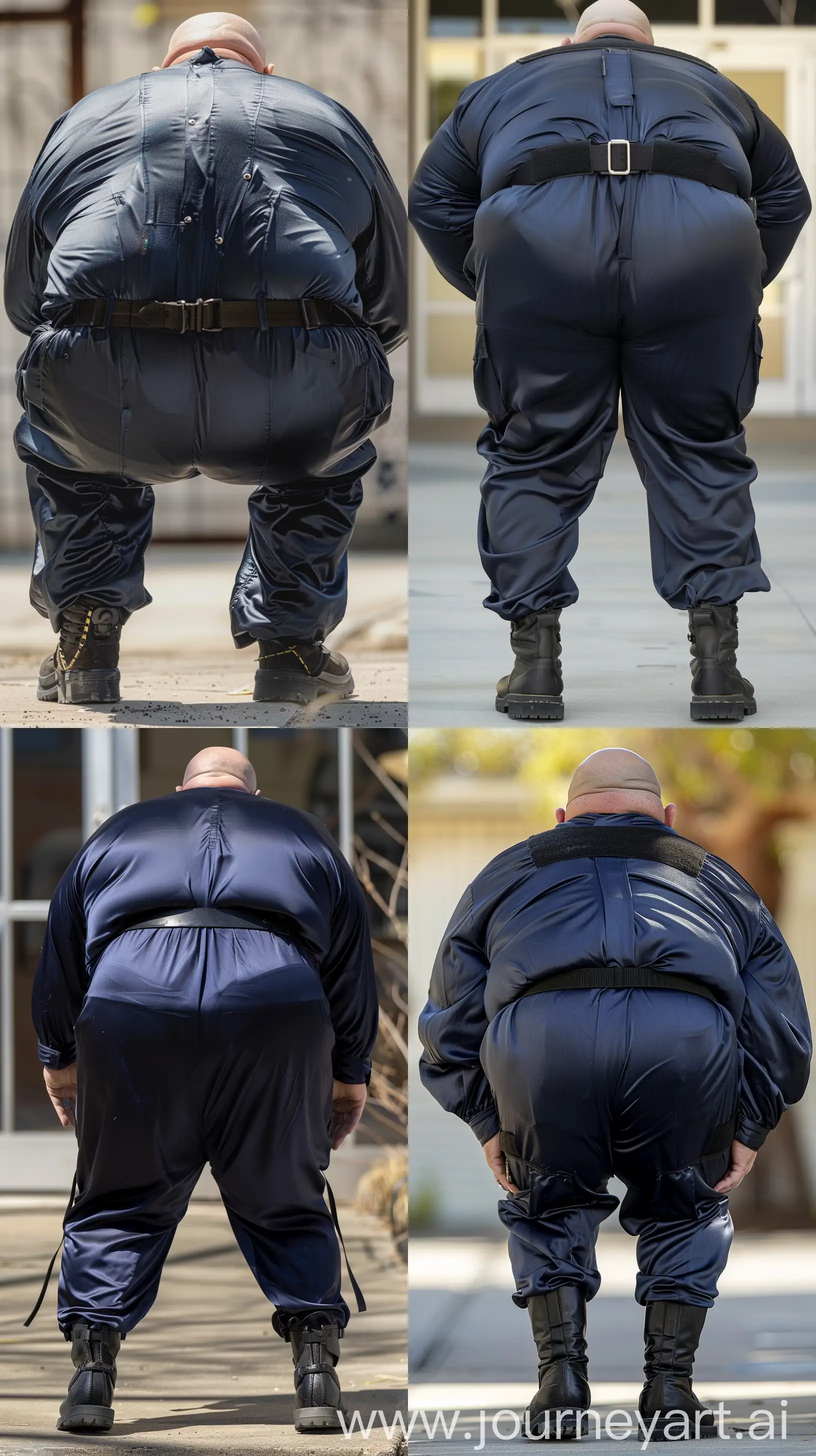 Close-up full body back view photo of a fat man aged 60. The man is wearing extremely tight silk navy battle coverall tucked in black tactical boots. Black tactical belt. Bowing. Straight legs. Outside. Bald. Clean Shaven. Natural light. --ar 9:16