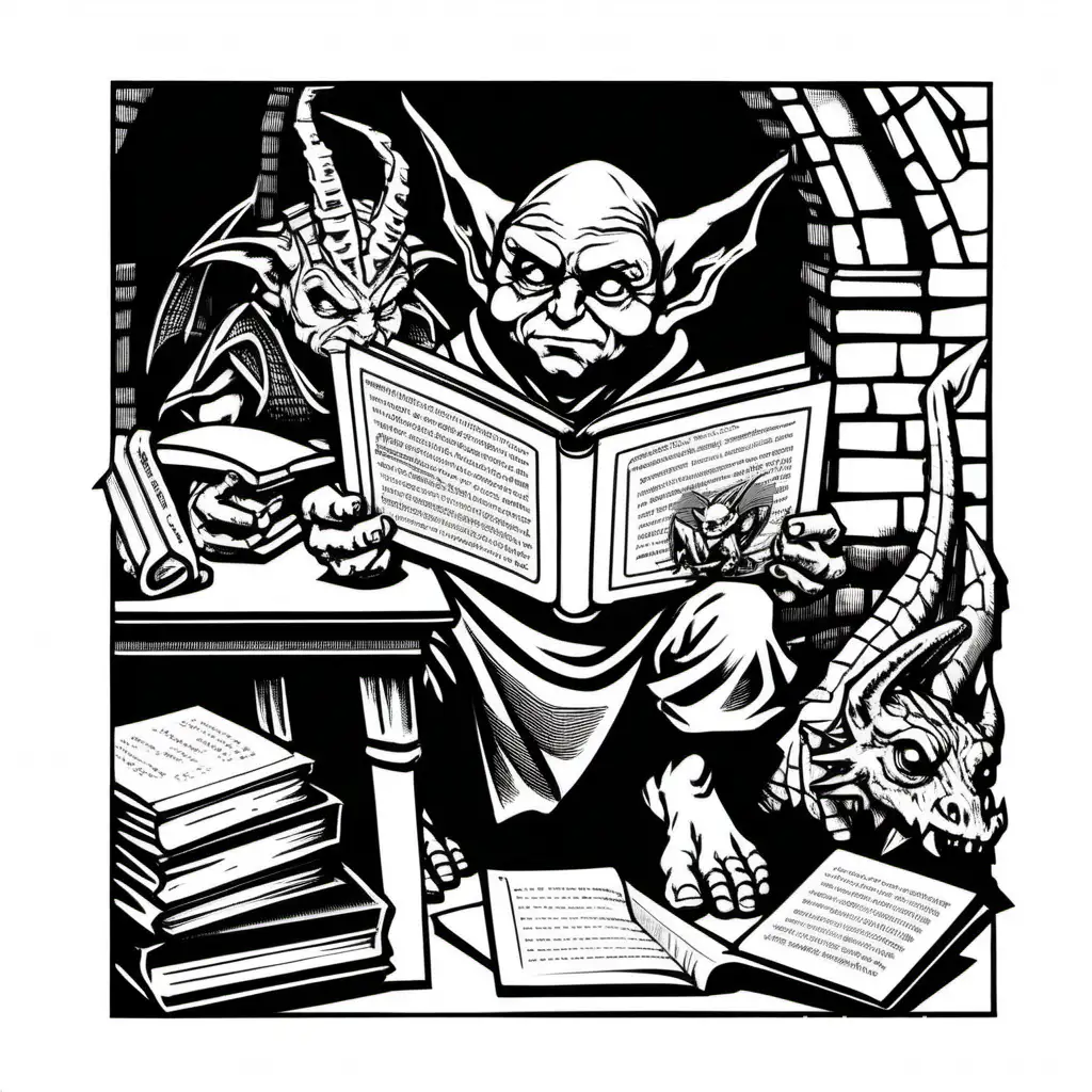 style of 1980 Dungeons and Dragons, plain white background, a tiny imp, reading a book, on a table, isolated in white, 1bit bw,