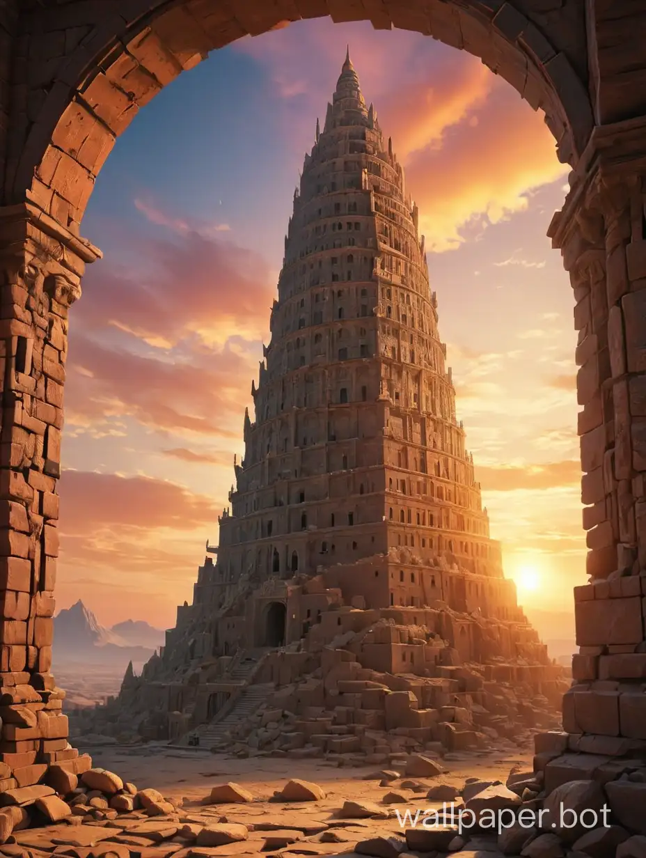 Window into fantasy space. Tower of Babel against sunset background. 4k. Sci-fi.