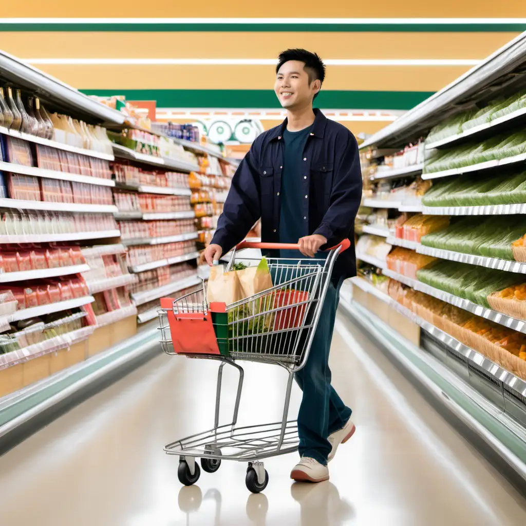Fullbody Asian Man Grocery Shopping with Cart
