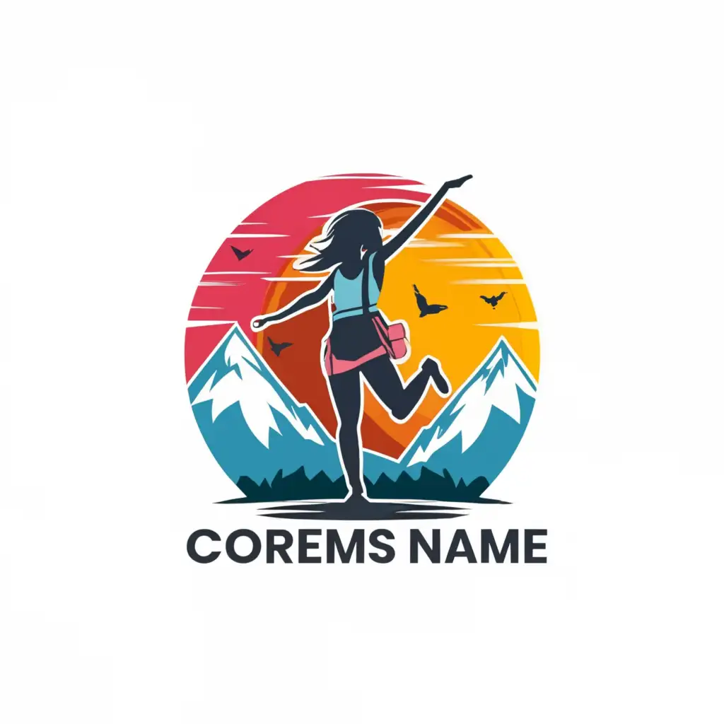 a logo design,with the text "Draw a colorful line of a girl with a backpack dancing in the mountains, with the sun overhead", main symbol:girl,Moderate,be used in Travel industry,clear background