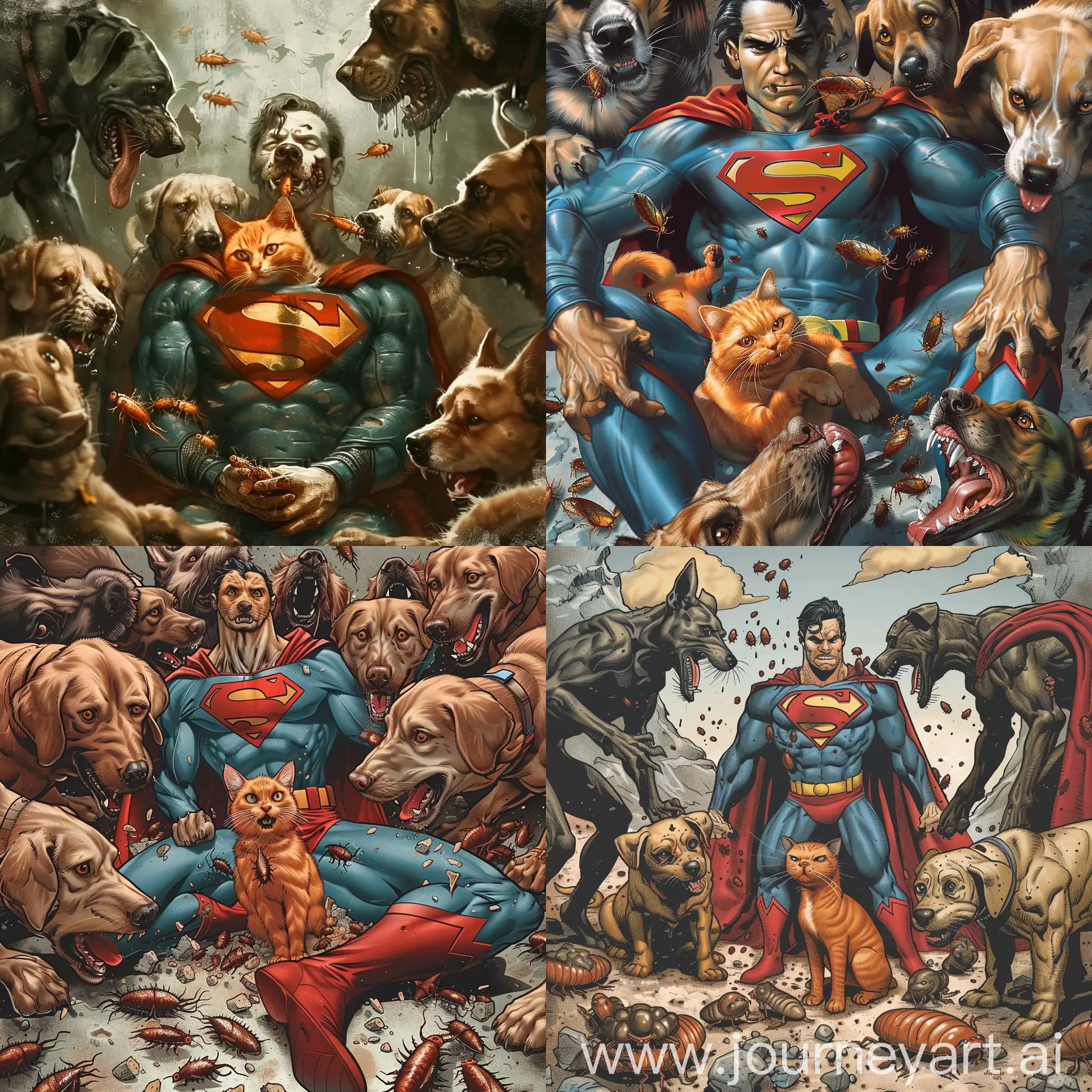 a orange cat between hungry dogs, while superman is eating cockroaches