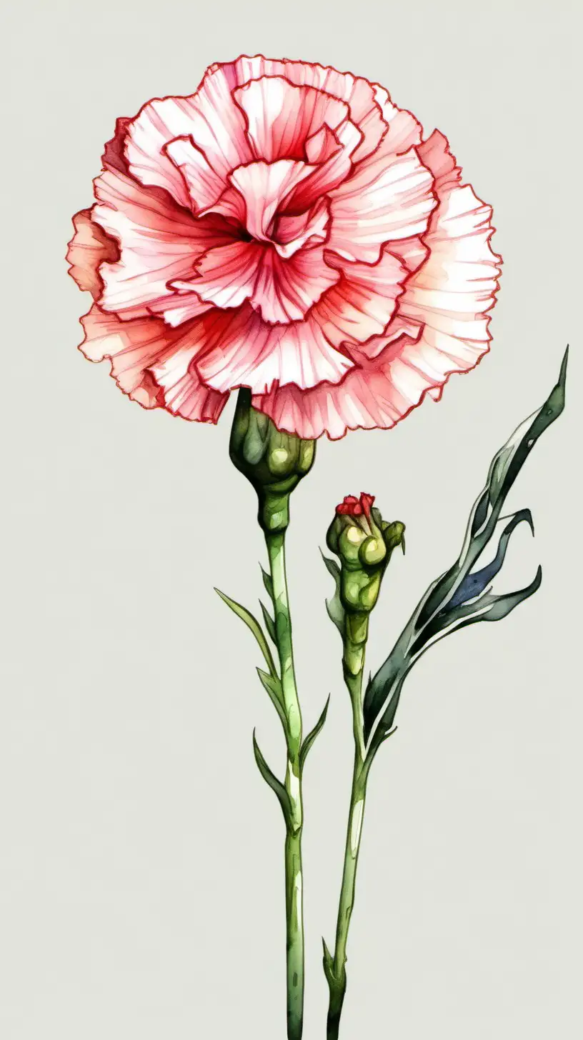 carnation flower with long stem in white background in watercolor pseudo style,