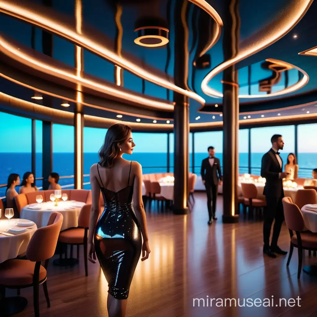 3D 8k minimal realistic illustrator mininal beauty women inside huge cruise huge ship stunning inside buffet restaurant with many people delight minimal town from far with her light stunning shinning ad glittering light black light dress at the midnight cinematic realistic